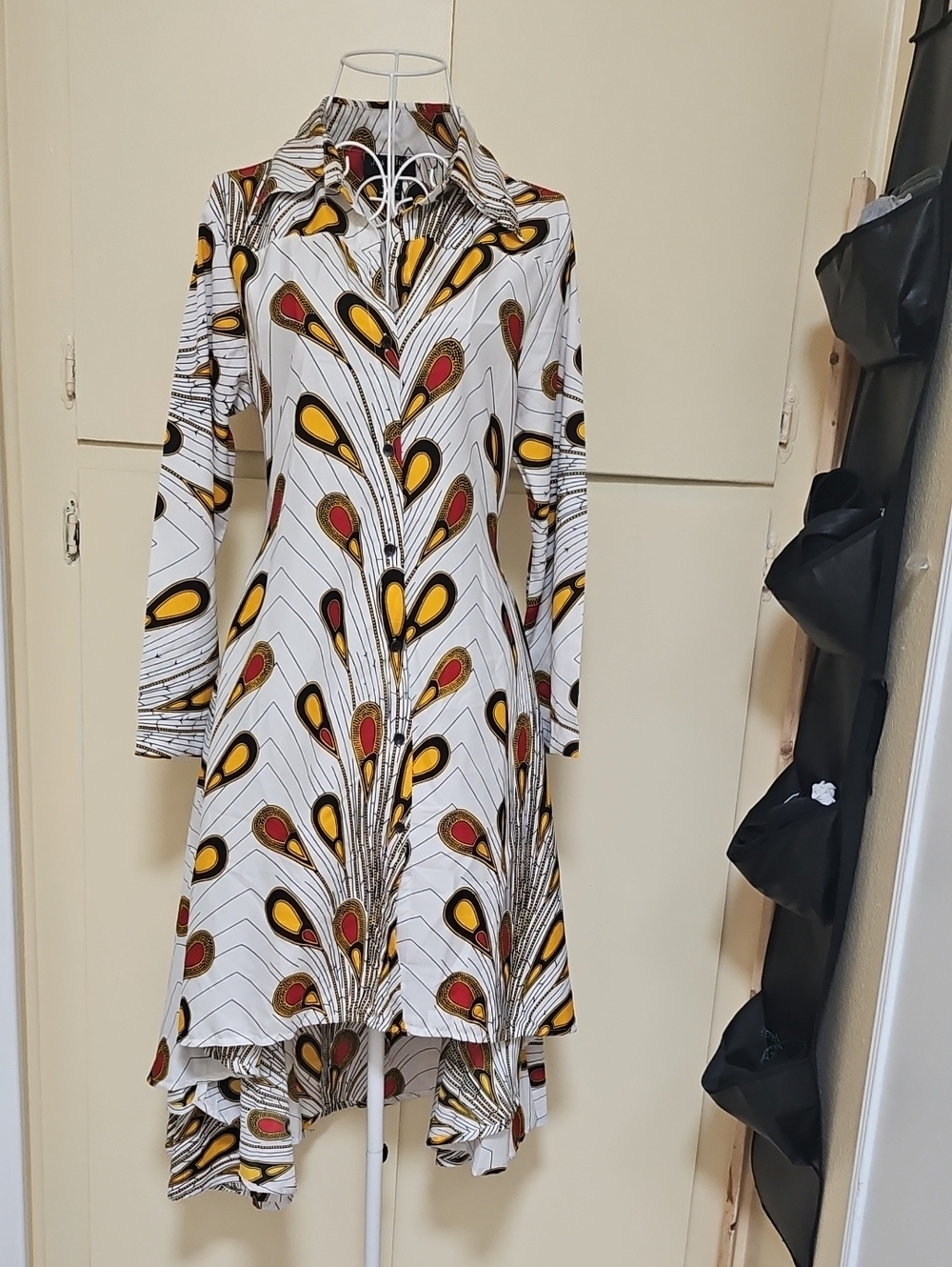 White Peacock-Print Long Sleeve Shirt Dress. New, Never Worn. No Tag
